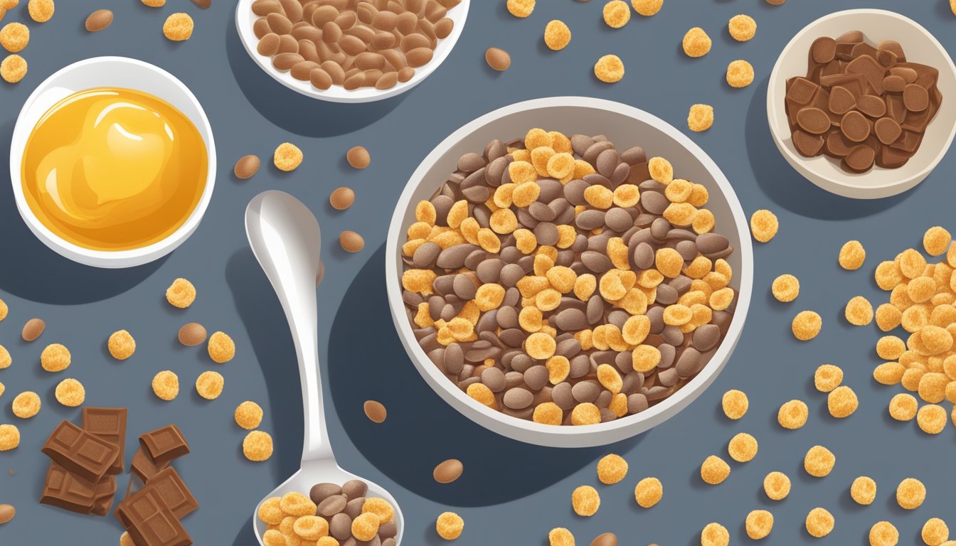 A bowl of cocoa pebbles and honey smacks side by side, with a spoon and milk, surrounded by scattered cereal pieces