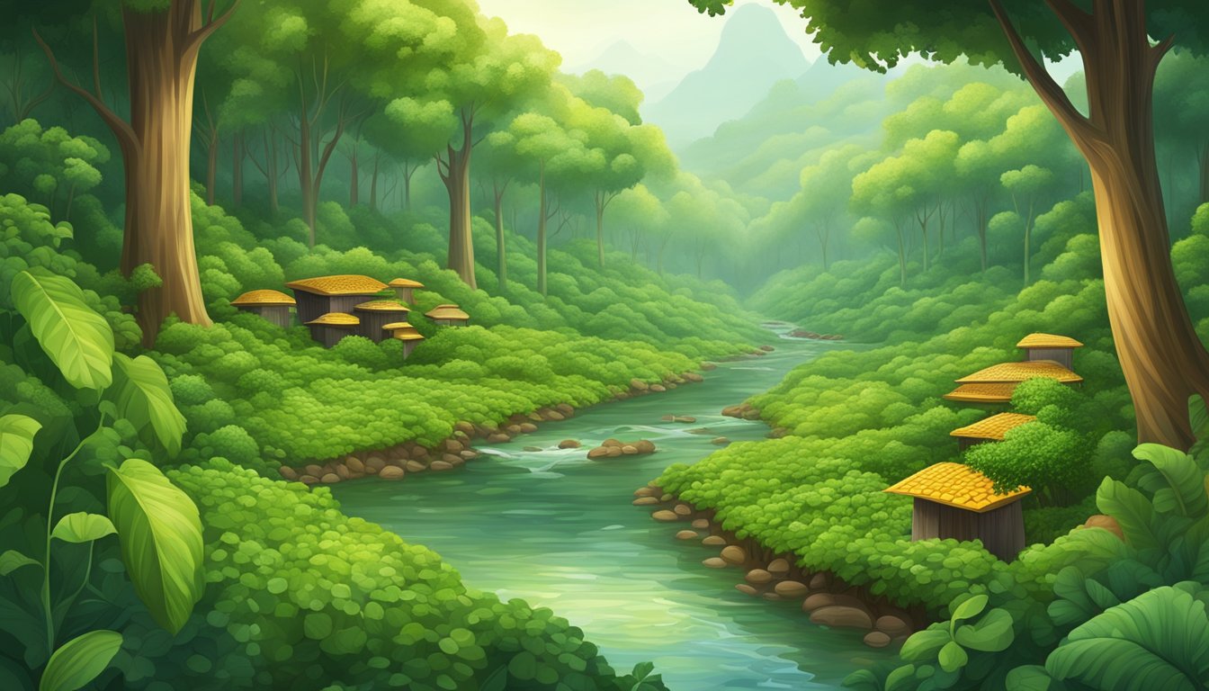 A lush green forest with a clear stream flowing through, surrounded by cocoa plants and honeycomb hives