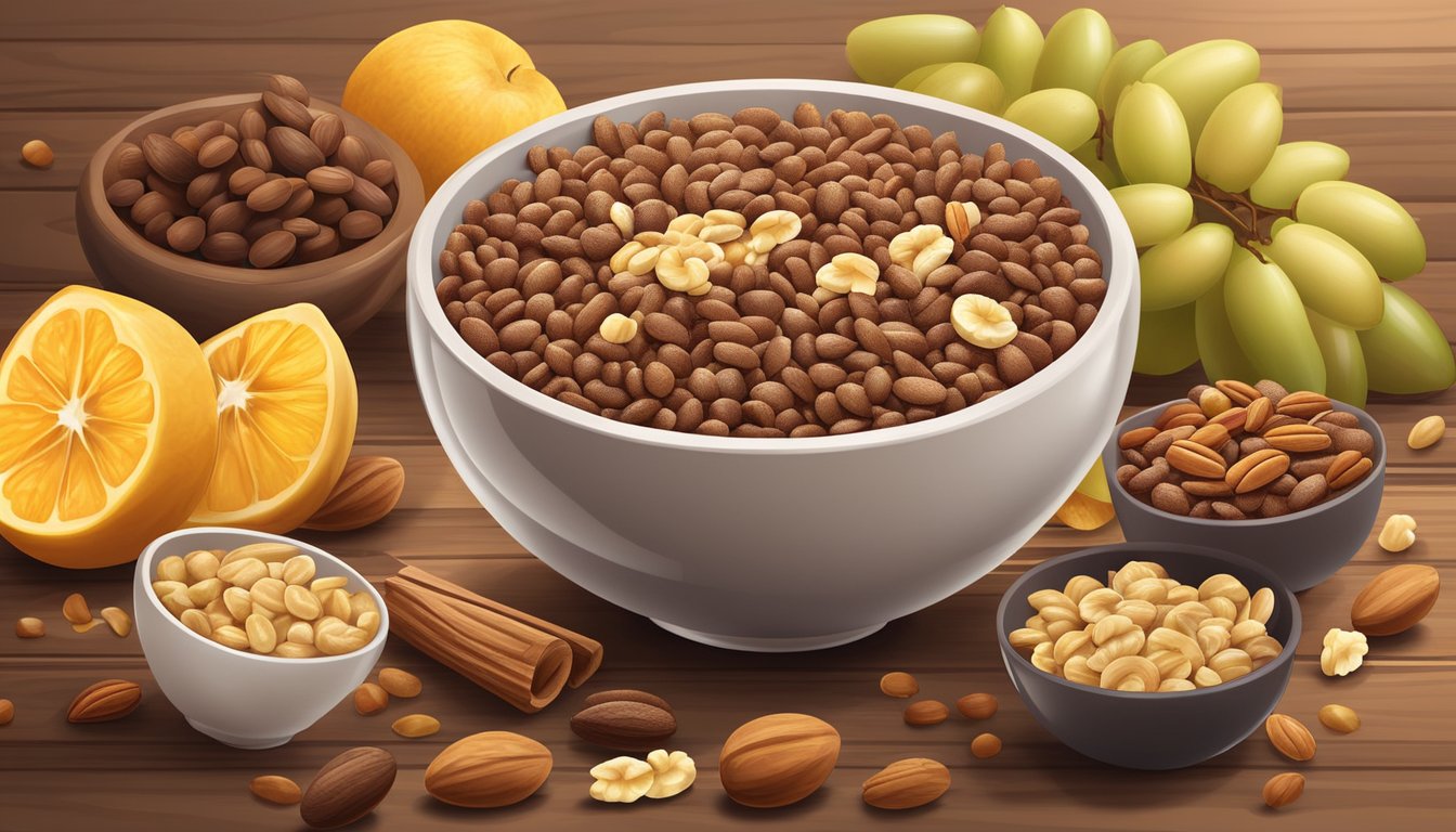 A bowl of cocoa pebbles and honey smacks surrounded by fresh fruits and nuts on a wooden table