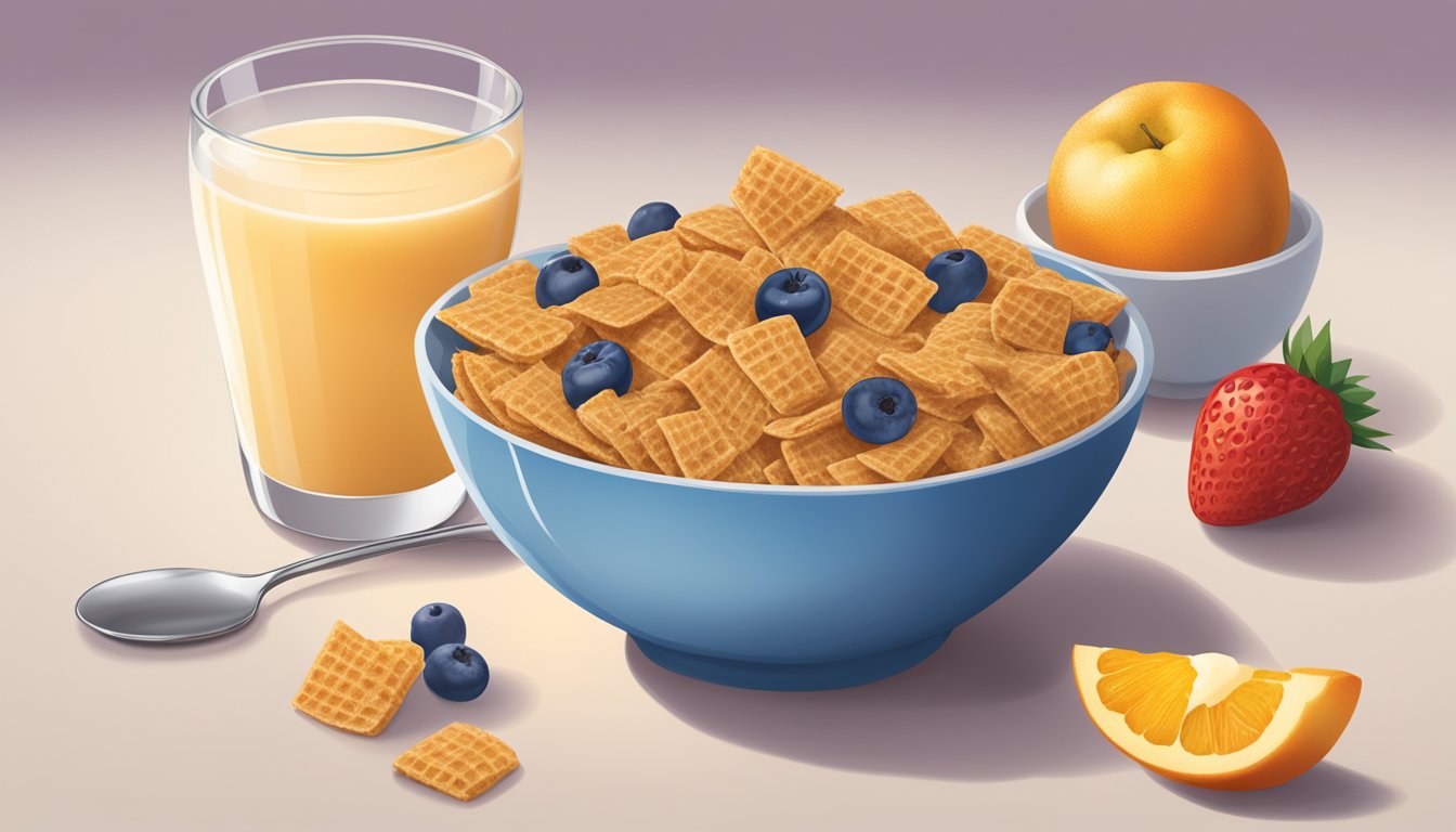 A bowl of Chex and a bowl of Frosted Flakes side by side, surrounded by various fruits and a glass of milk