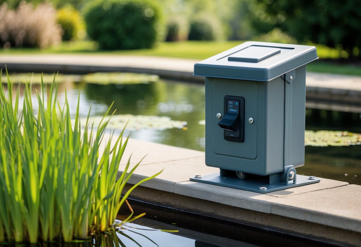 A sturdy, weather-resistant switch box installed near a pond with a secure lid and easy-to-access controls