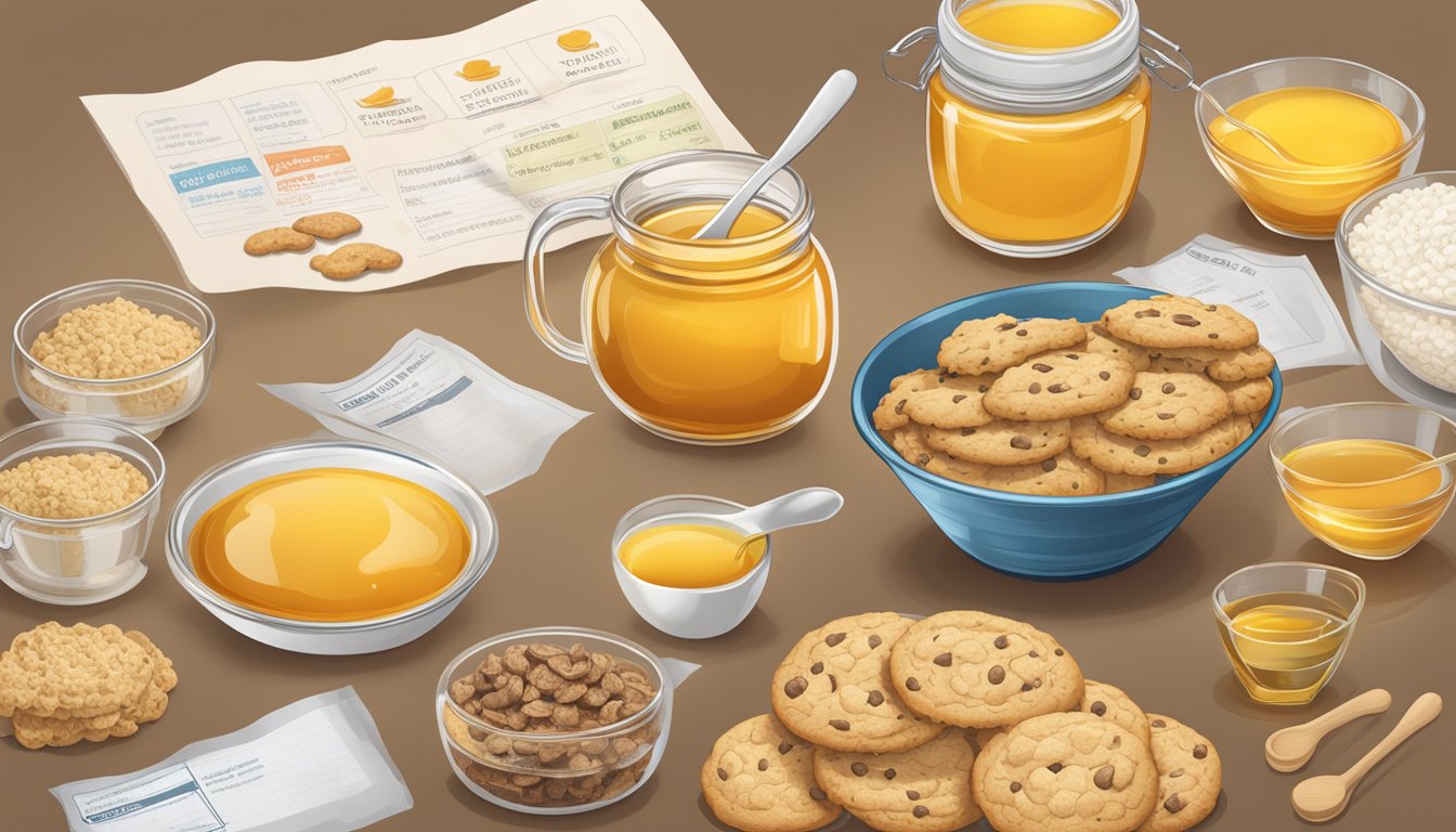 A bowl of Cookie Crisp and a bowl of Honey Ohs sit side by side, surrounded by measuring cups and nutrition labels