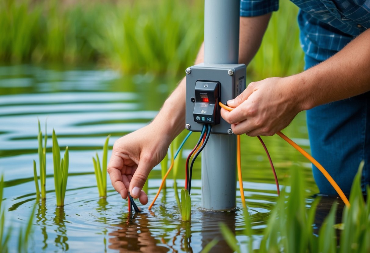 A hand reaching into a pond, connecting wires to a switch box mounted on a post