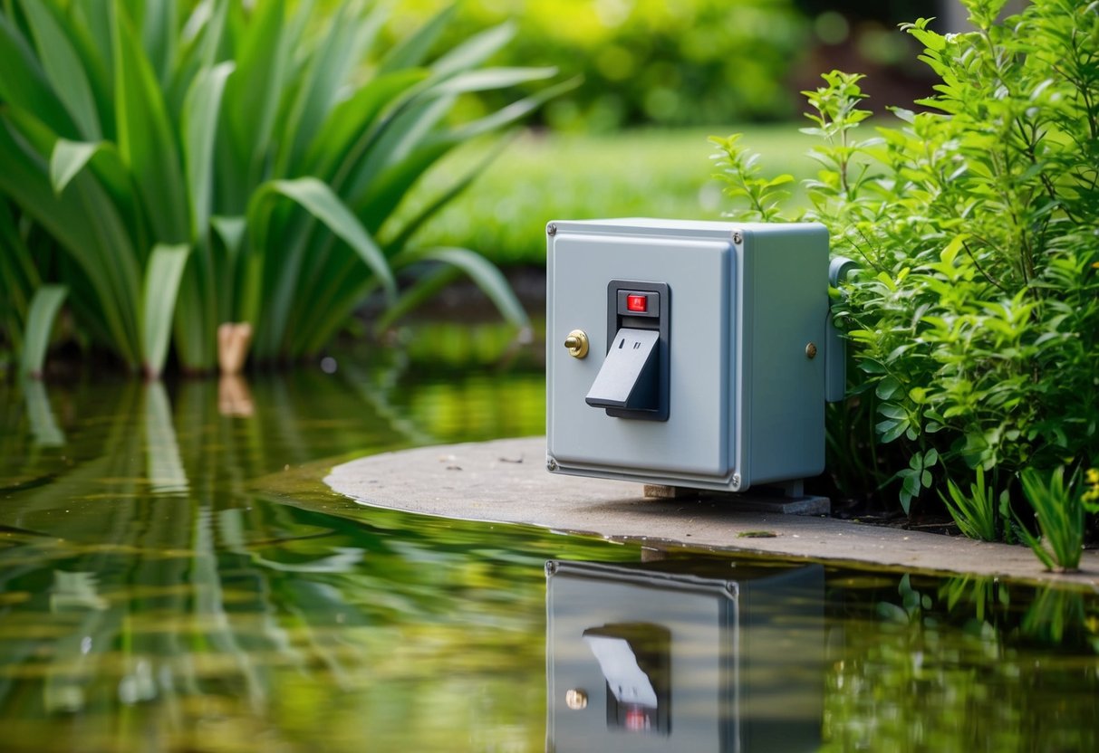 A serene pond setting with a switch box mounted securely near the water's edge, surrounded by lush greenery and clear, calm water