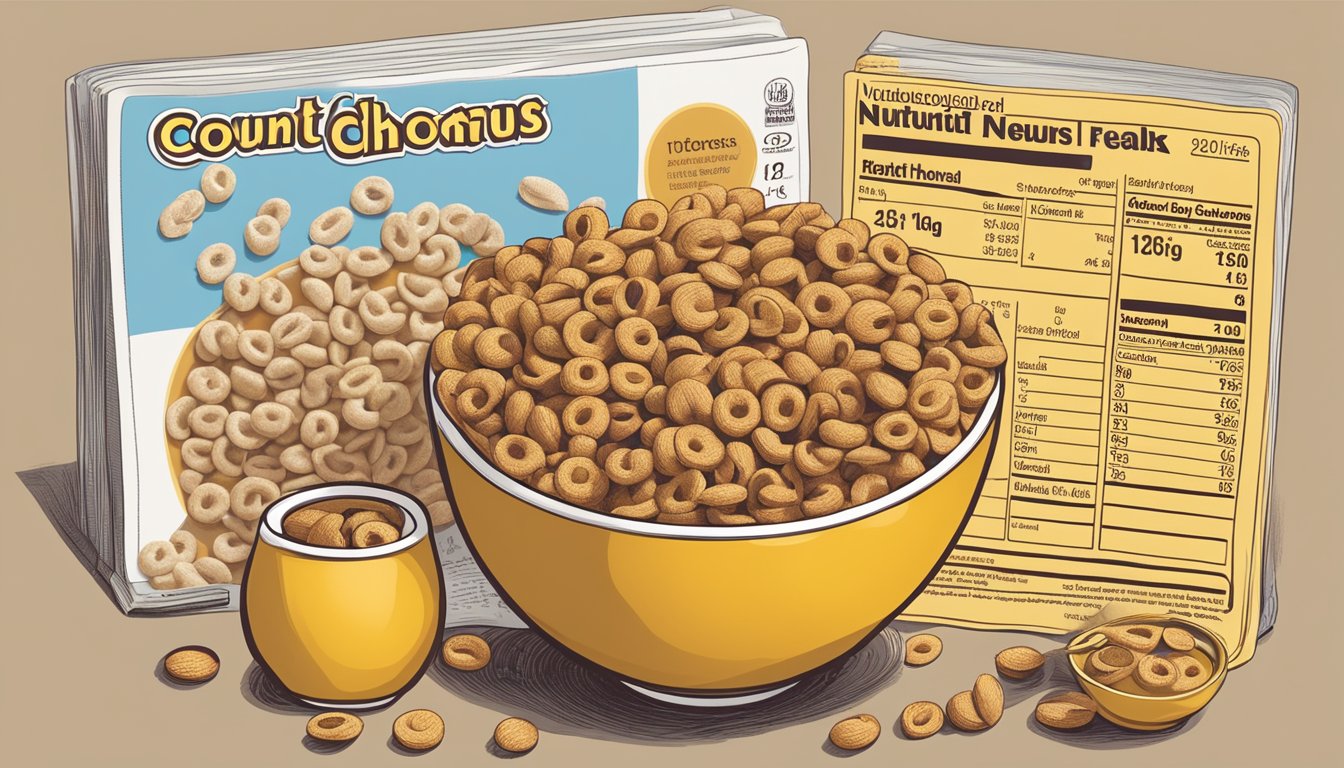 A bowl of Count Chocula and a bowl of Honey Nut Cheerios, surrounded by nutritional information labels and a measuring tape