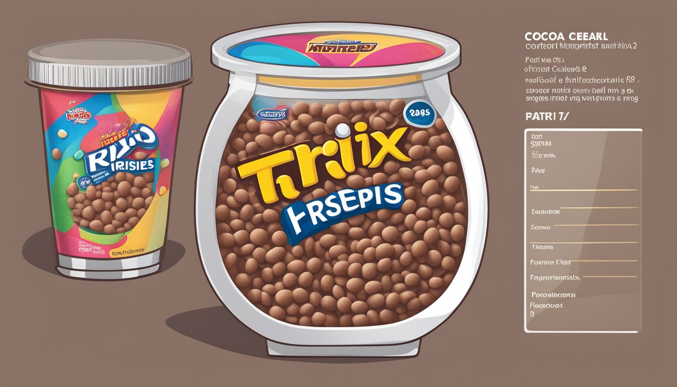 A bowl of Cocoa Krispies and a bowl of Trix cereal next to each other, with a nutrition label for each displayed prominently