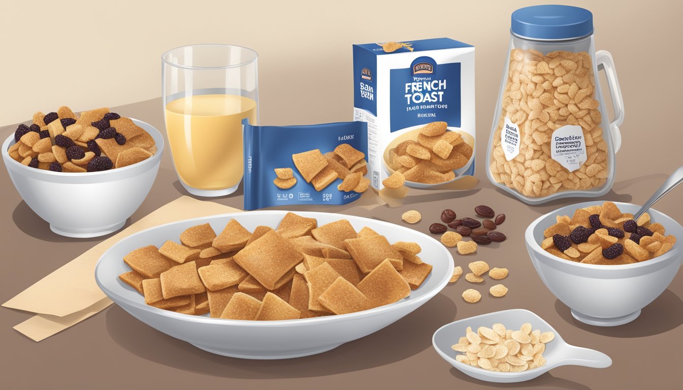 A table with bowls of French Toast Crunch and Post Raisin Bran cereal, surrounded by nutritional labels and a measuring cup