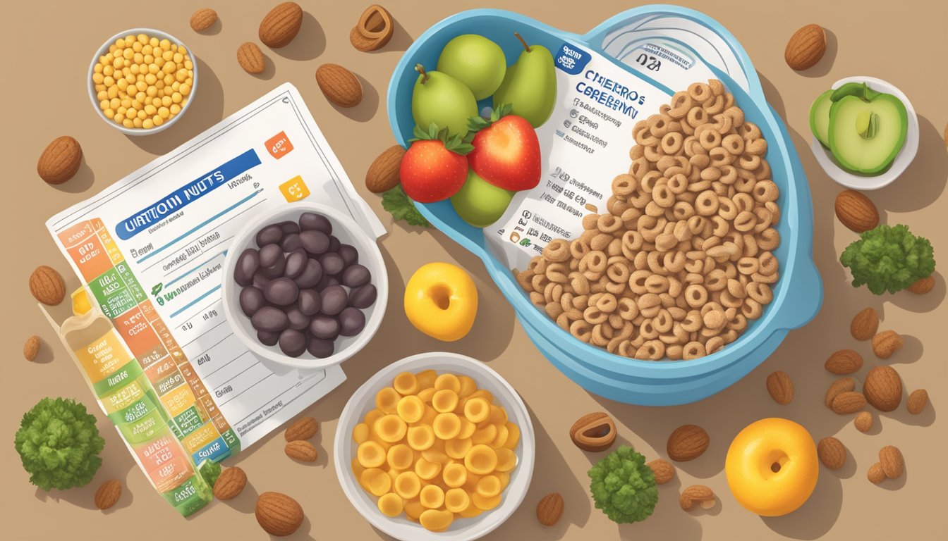 A bowl of Count Chocula and a bowl of Honey Nut Cheerios with a nutrition label next to each, surrounded by various fruits and vegetables