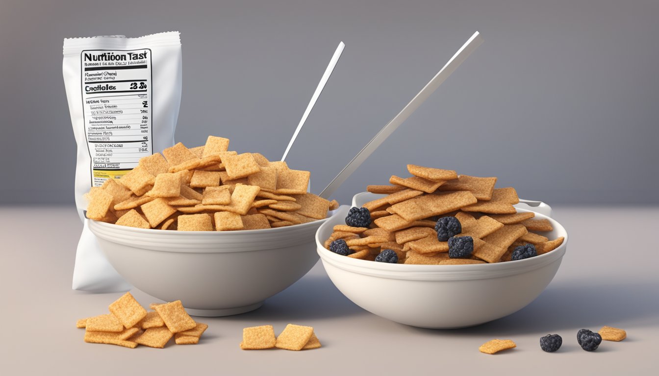 A bowl of French toast crunch and a bowl of Post raisin bran cereal side by side, with a tape measure and a nutrition label in the background