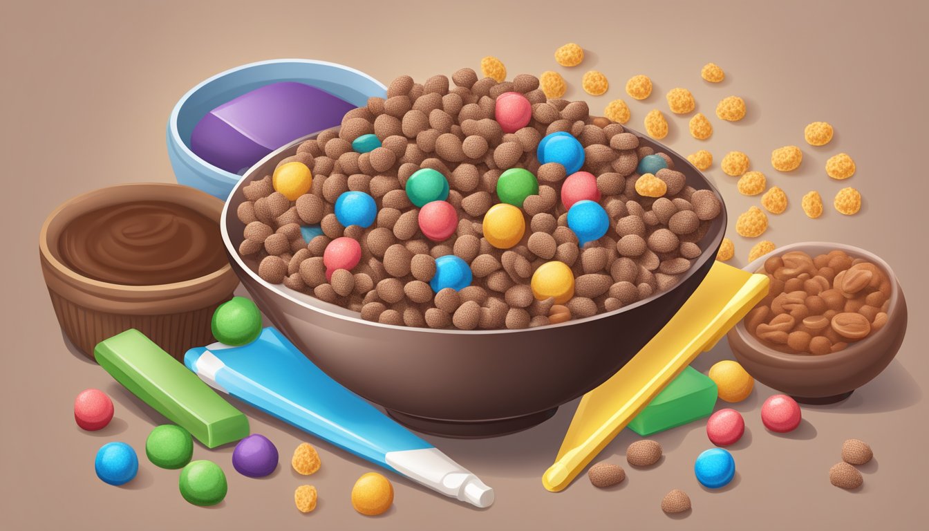 A bowl of Cocoa Krispies and a bowl of Trix cereal surrounded by various ingredients and additives