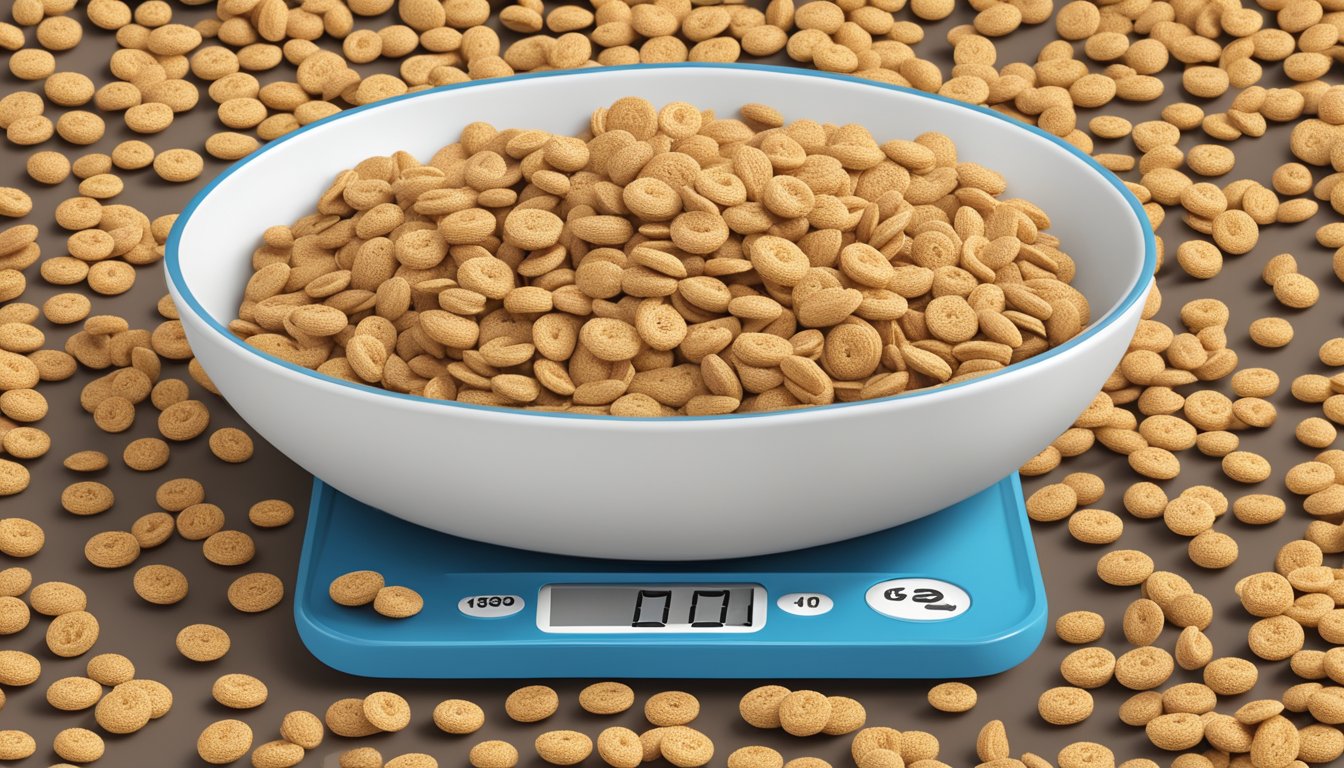 A bowl of Count Chocula and Honey Nut Cheerios surrounded by nutritional labels and a scale