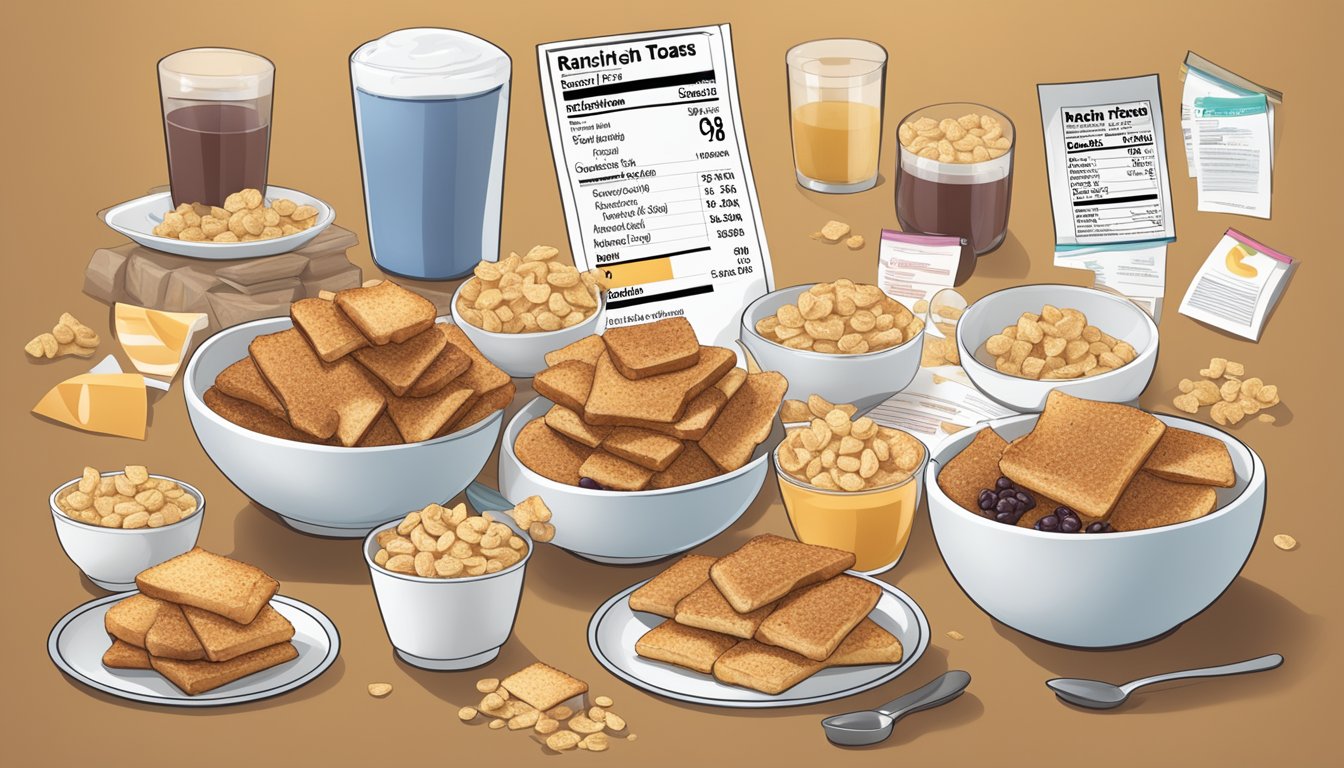 A table with bowls of French Toast Crunch and Post Raisin Bran, surrounded by nutritional labels and market research data