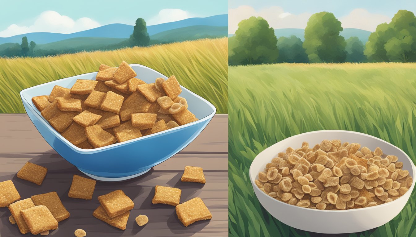 A lush green field with a clear blue sky above. On the left, a bowl of French Toast Crunch cereal. On the right, a bowl of Post Raisin Bran cereal