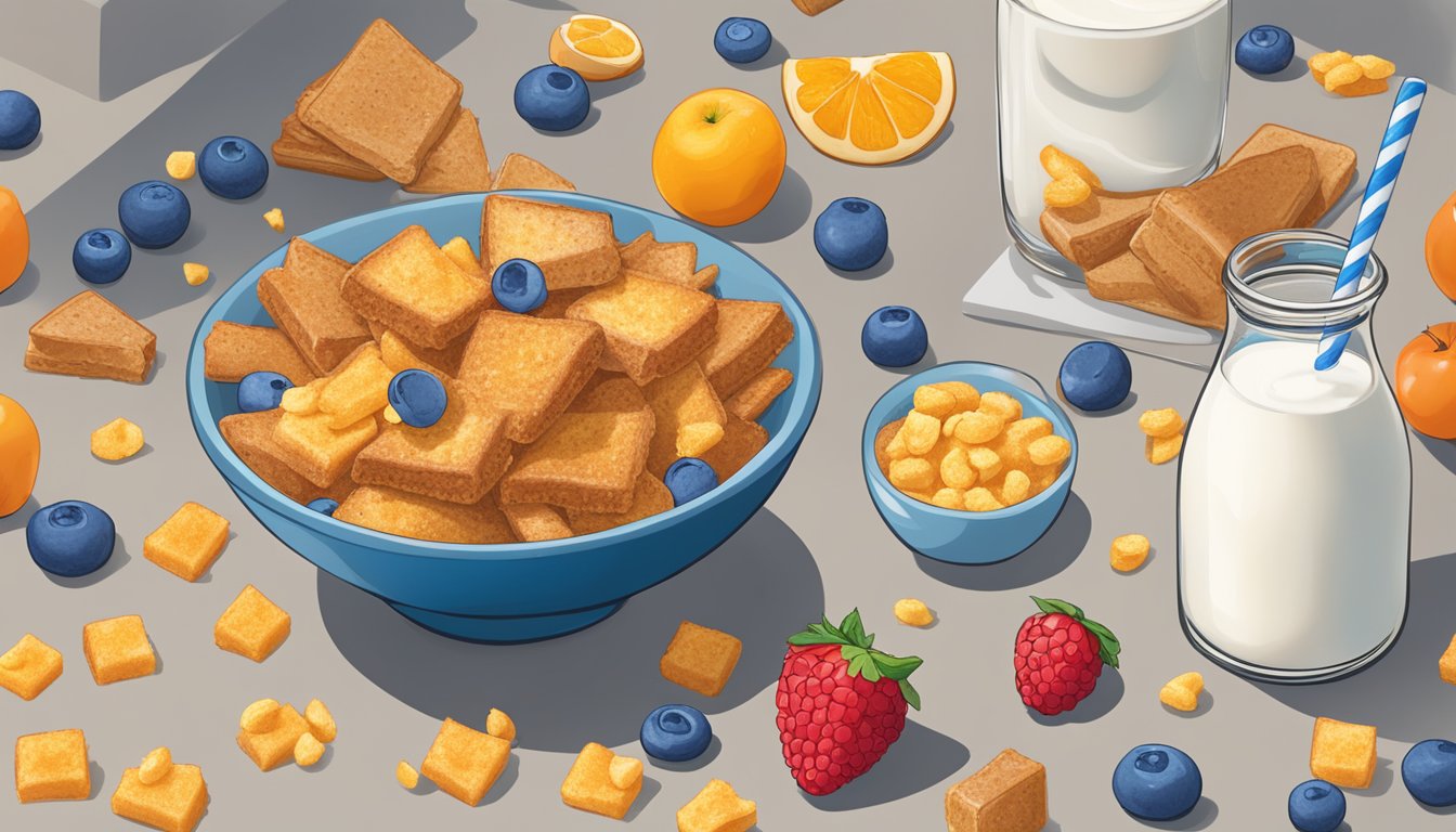 A bowl of Cap'n Crunch next to a bowl of French Toast Crunch, surrounded by various fruits and a glass of milk