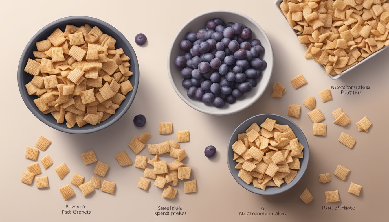 A bowl of Chex and a bowl of Post Grape-Nut Flakes side by side, with nutritional information displayed next to each bowl