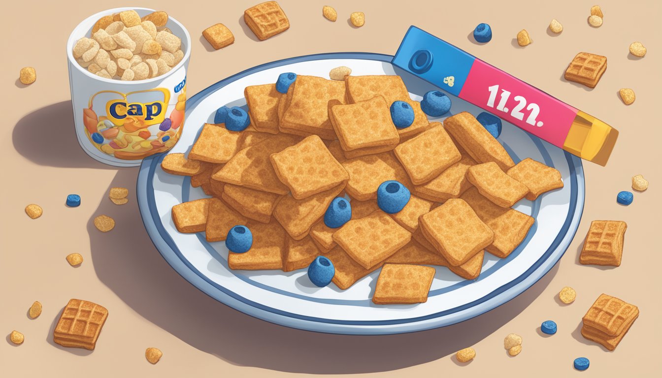 A bowl of Cap'n Crunch cereal next to a bowl of French Toast Crunch. A nutrition label and a measuring tape are nearby