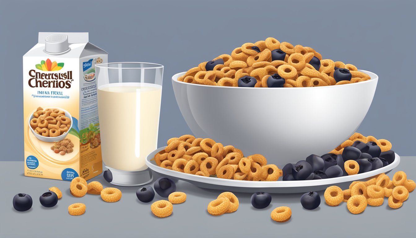 A bowl of honey nut cheerios and a bowl of post raisin bran cereal surrounded by fresh fruits and a glass of milk