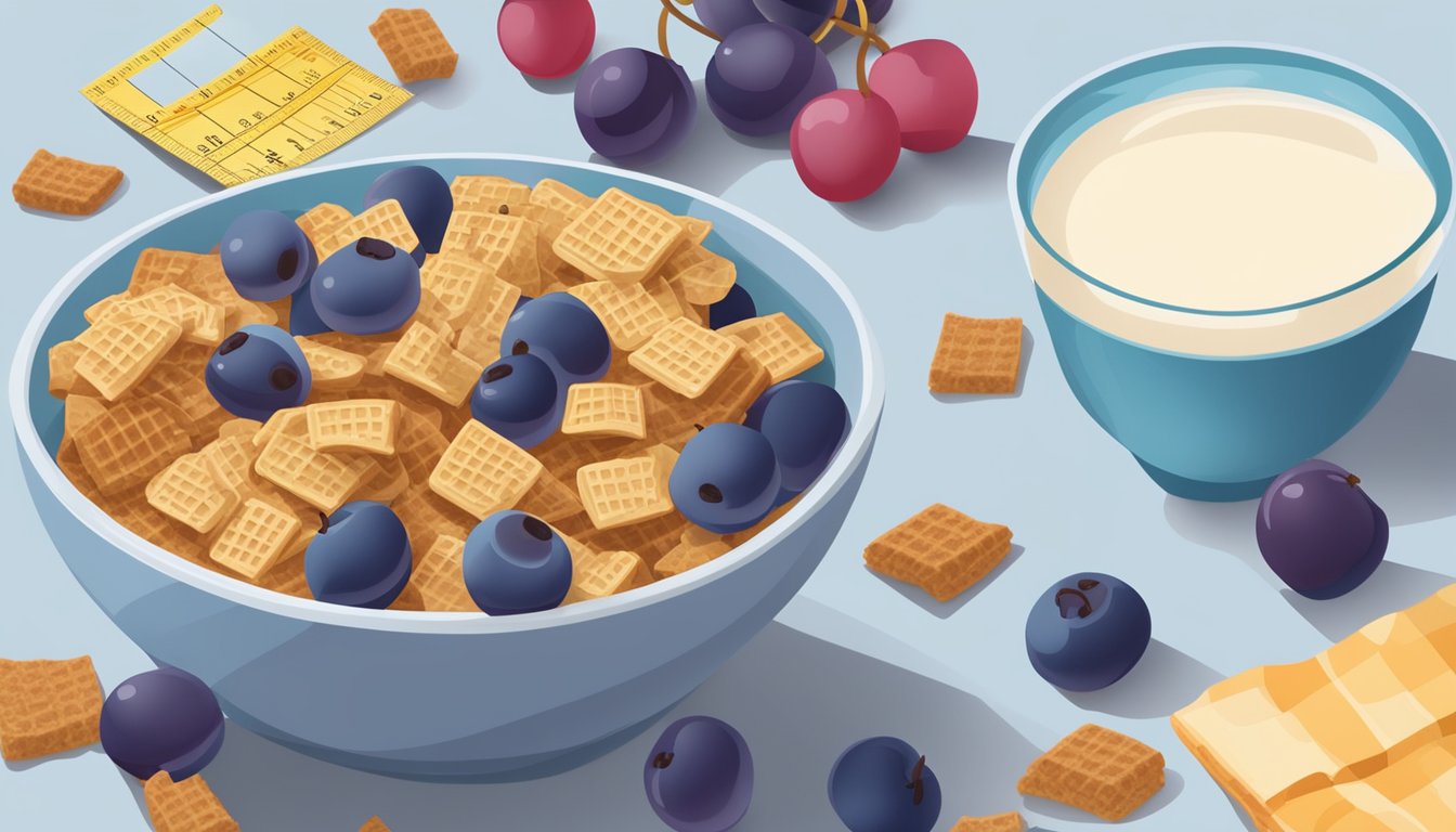 A bowl of Chex and a bowl of Post Grape-Nut Flakes surrounded by various fruits and a glass of milk, with a measuring tape and a nutrition label in the background