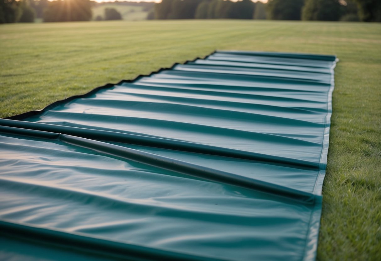 A pond liner underlay being laid out over the ground, with smooth, dark fabric stretching out across the landscape