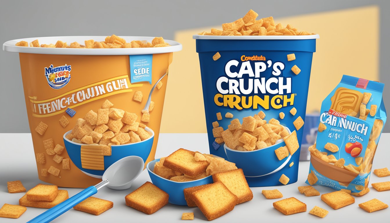 A bowl of Cap'n Crunch and French Toast Crunch side by side, with a measuring tape and nutrition labels nearby