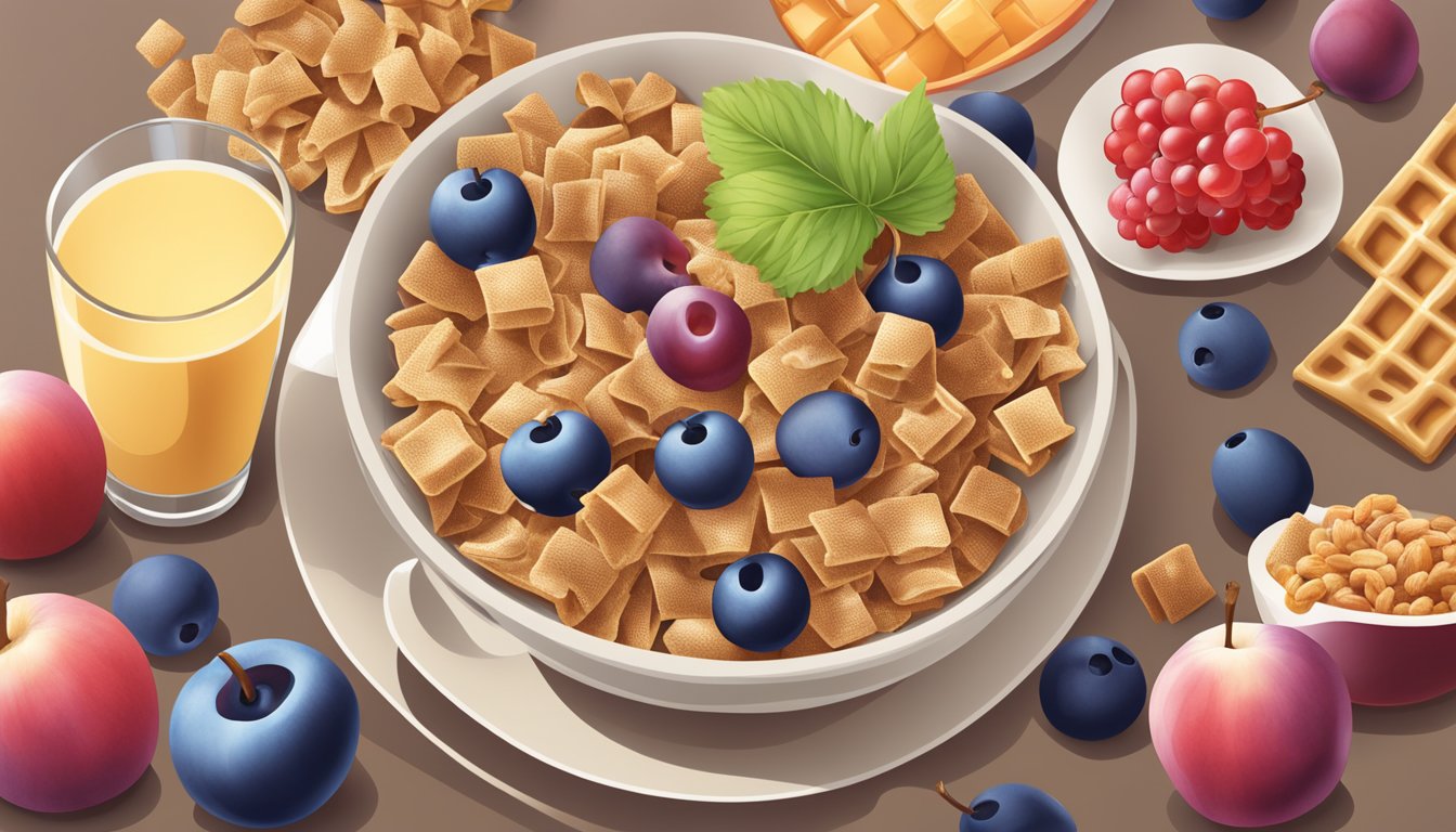 A bowl of Chex cereal and a bowl of Post Grape-Nut flakes, surrounded by various fruits and a glass of milk