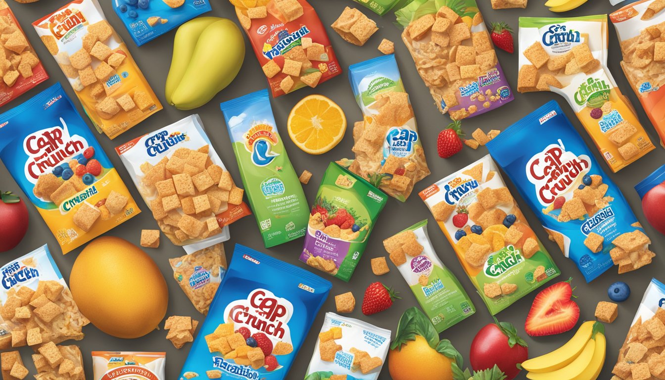 A comparison of Cap'n Crunch and French Toast Crunch cereal boxes, surrounded by various healthy food items like fruits and whole grains