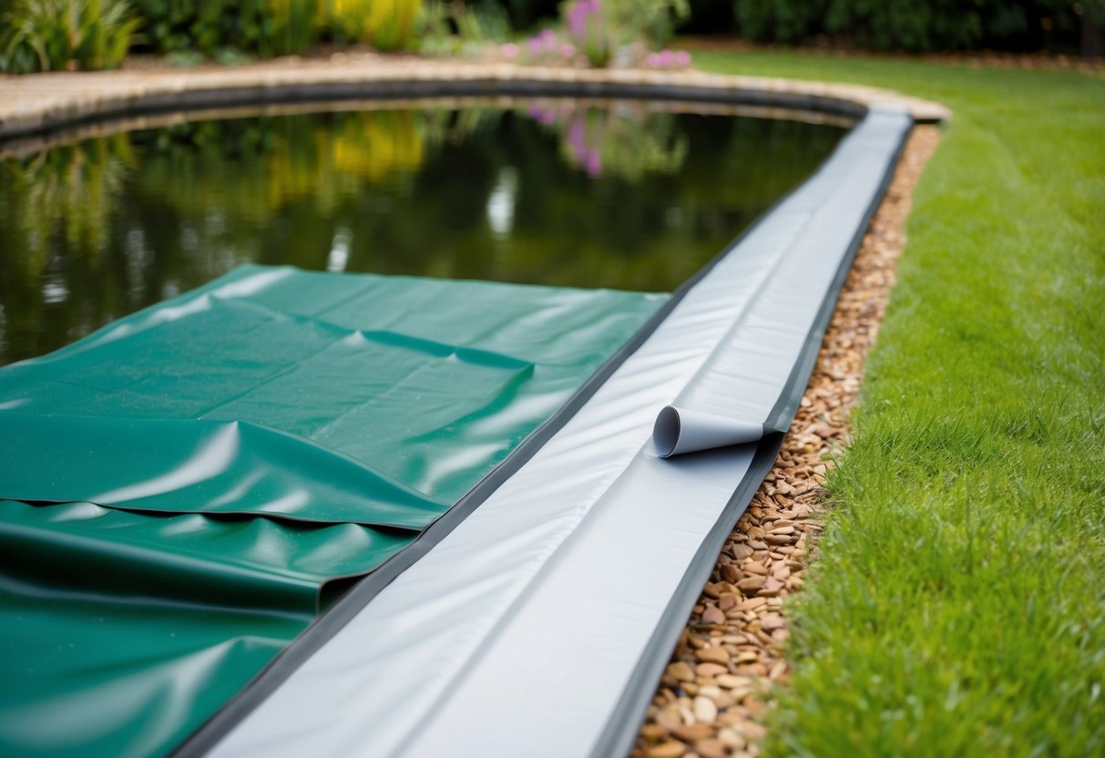 A pond liner underlay being laid out on the ground next to a pond, ready to be installed