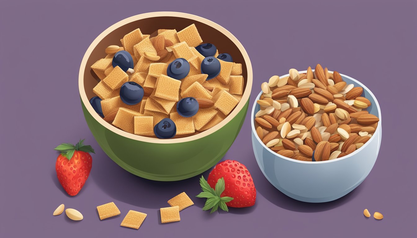 A bowl of chex and a bowl of Post Grape-Nut Flakes side by side, with a variety of fruits and nuts scattered around them