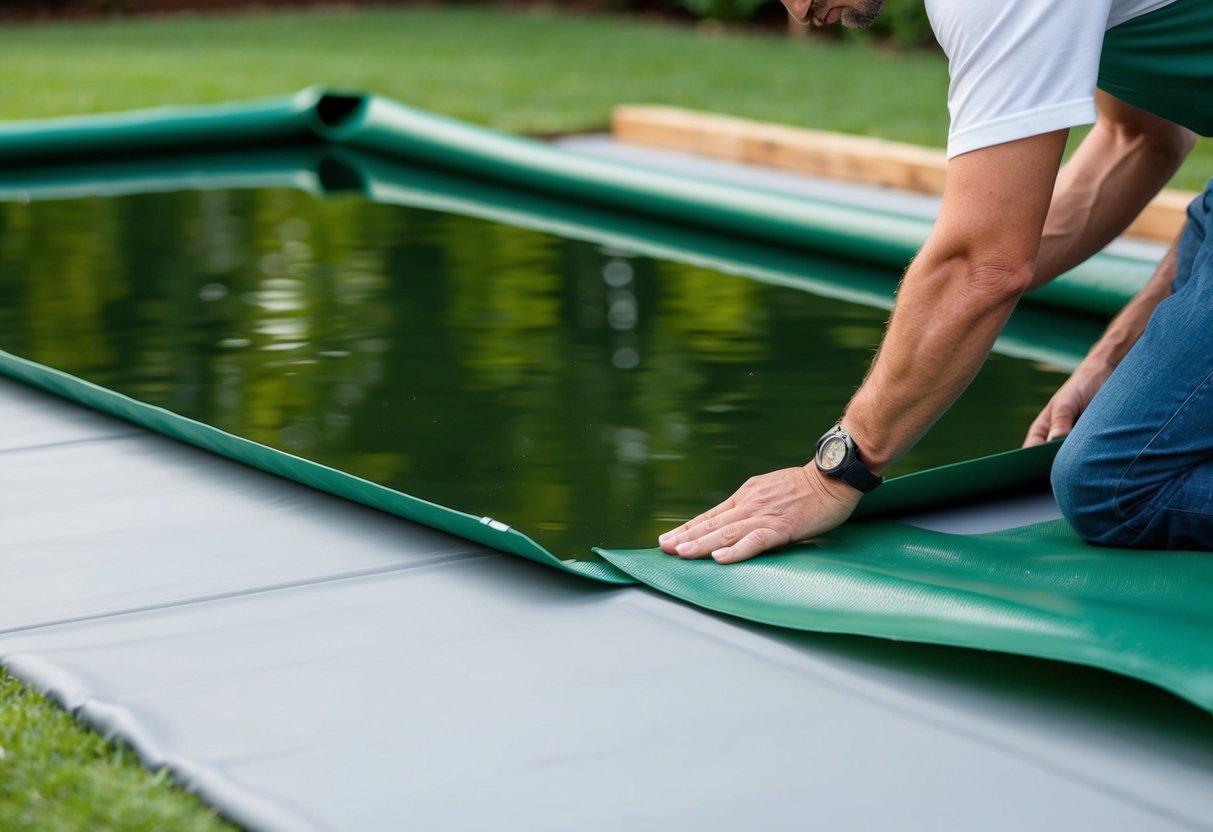 A pond liner being carefully laid out over a smooth underlay, with edges being secured and smoothed out for a seamless installation