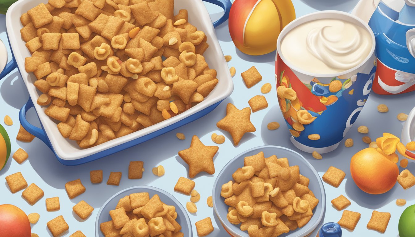 A bowl of Cap'n Crunch and French Toast Crunch cereal sit side by side, surrounded by ingredients like milk, fruit, and nuts, ready to be used in creative recipes