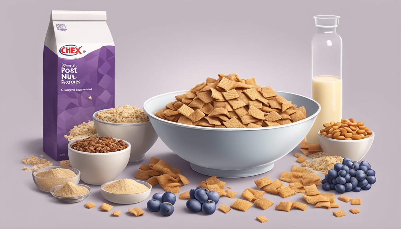 A bowl of Chex and a bowl of Post Grape-Nut Flakes surrounded by various healthy add-ons and recipe ingredients, with a scale in the background for comparison