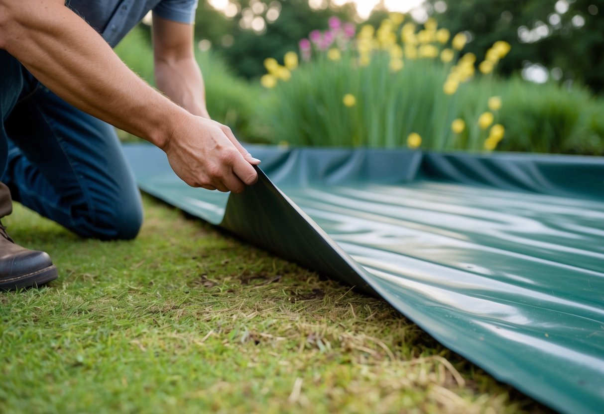 A thick, durable pond liner underlay being carefully laid out and smoothed over the ground to protect against punctures