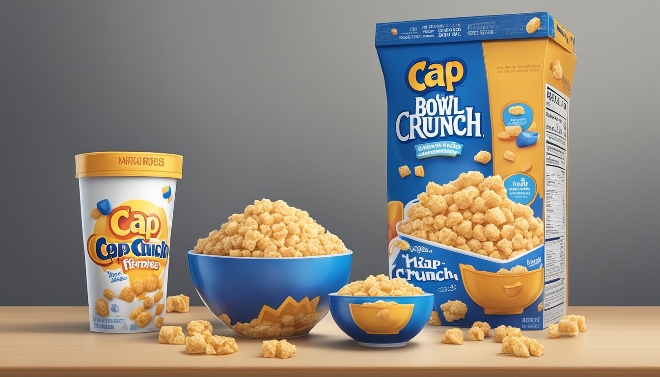 A bowl of Cap'n Crunch and a bowl of Rice Krispies side by side with their respective boxes, surrounded by measuring cups of sugar and nutrition labels