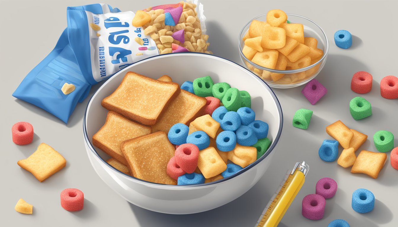 A bowl of French Toast Crunch and Trix cereal next to each other with a measuring tape and a nutrition label in the background