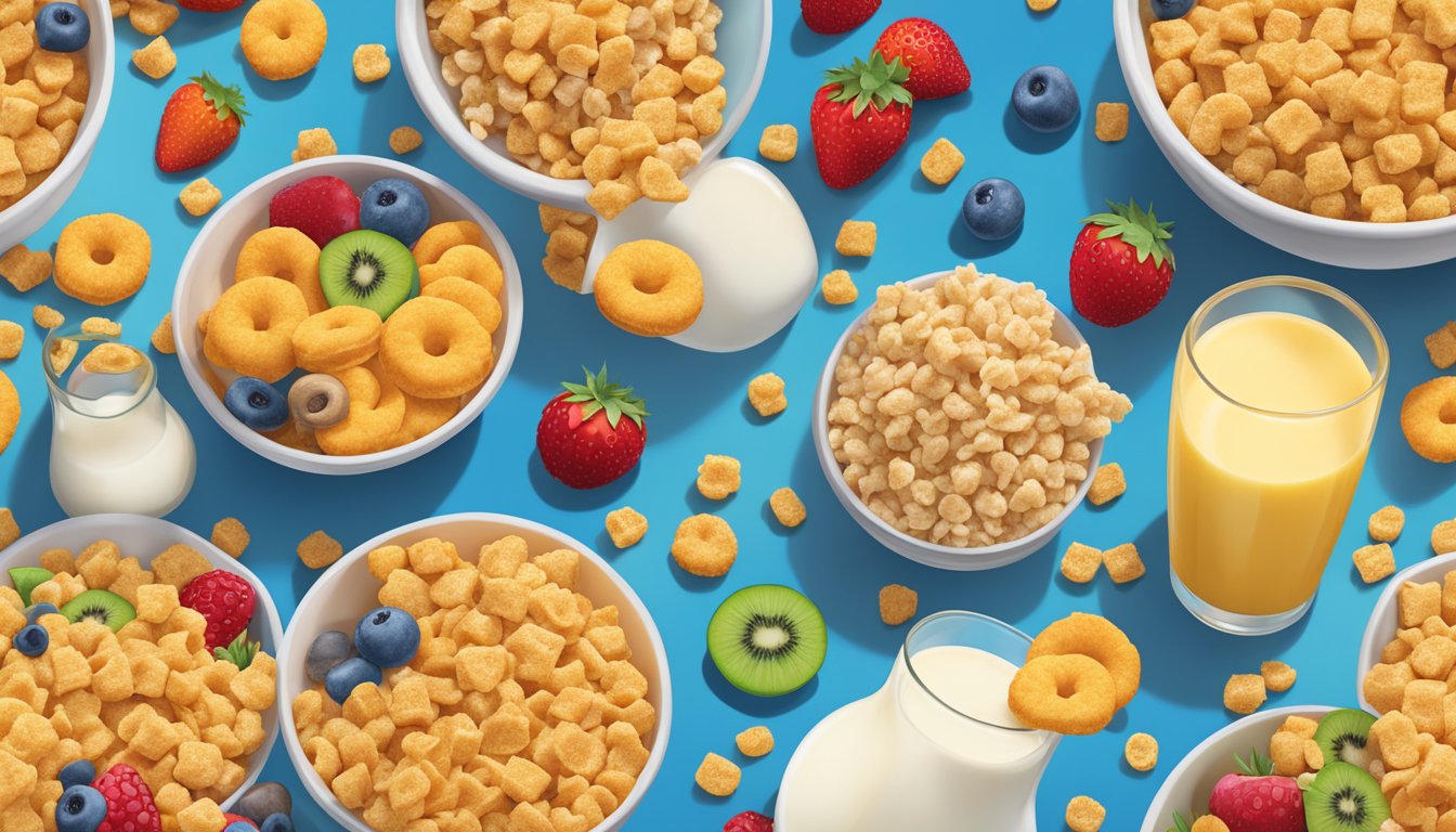 A bowl of Cap'n Crunch and Rice Krispies side by side, surrounded by a variety of colorful fruits and a glass of milk