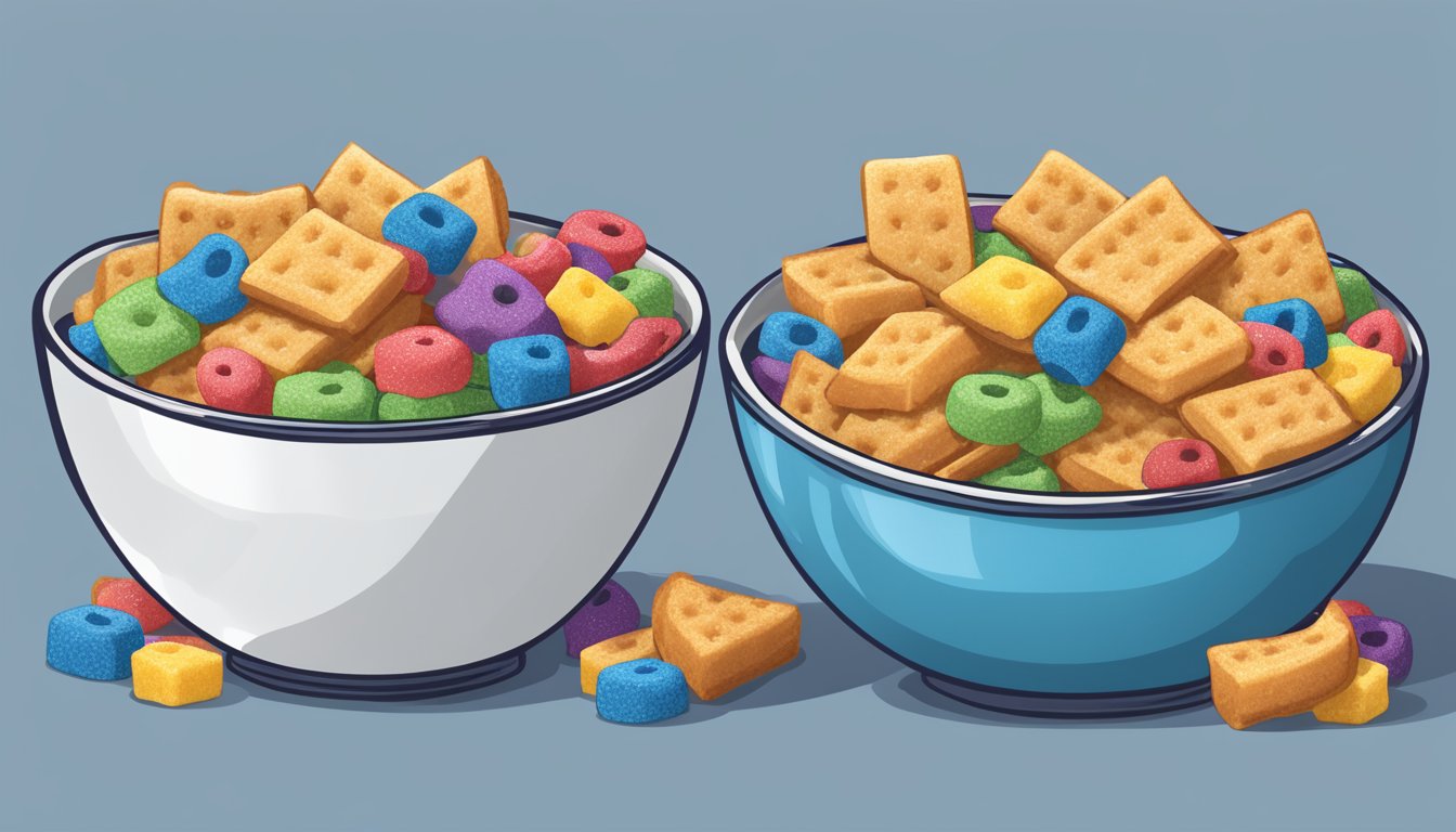 A bowl of French Toast Crunch and a bowl of Trix cereal side by side, with a measuring tape wrapped around each bowl to symbolize the comparison of their nutritional content