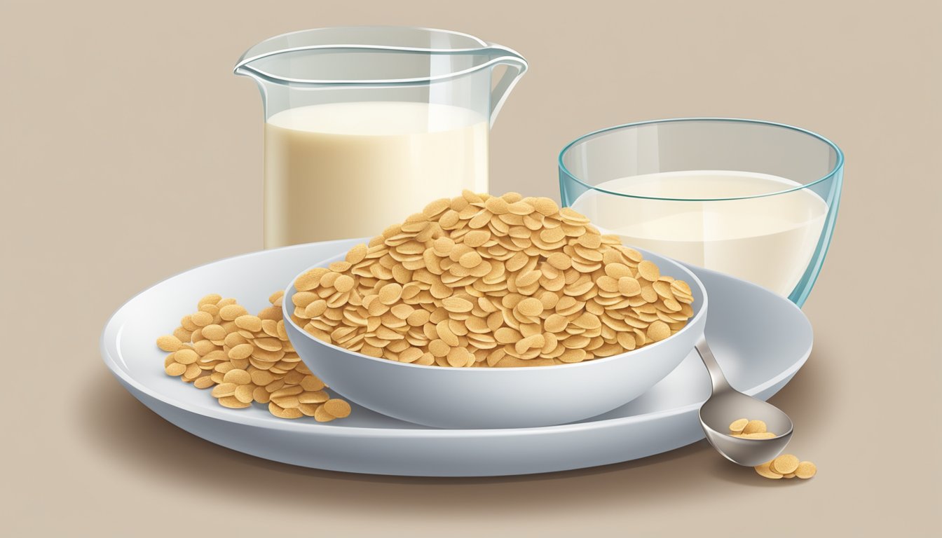 A plate with two piles of cereal, a bowl of milk, and a measuring cup of dietary fiber