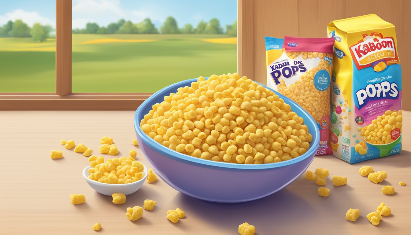 A bowl of corn pops and kaboom cereal sit side by side, surrounded by colorful packaging. A nutrition label and a pile of fresh corn are displayed nearby for comparison