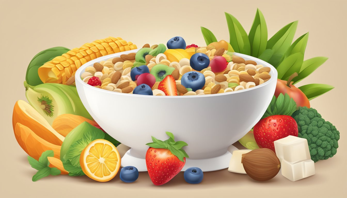 A bowl of cereal with milk, surrounded by a variety of fruits and vegetables, with vitamin and mineral supplements scattered around