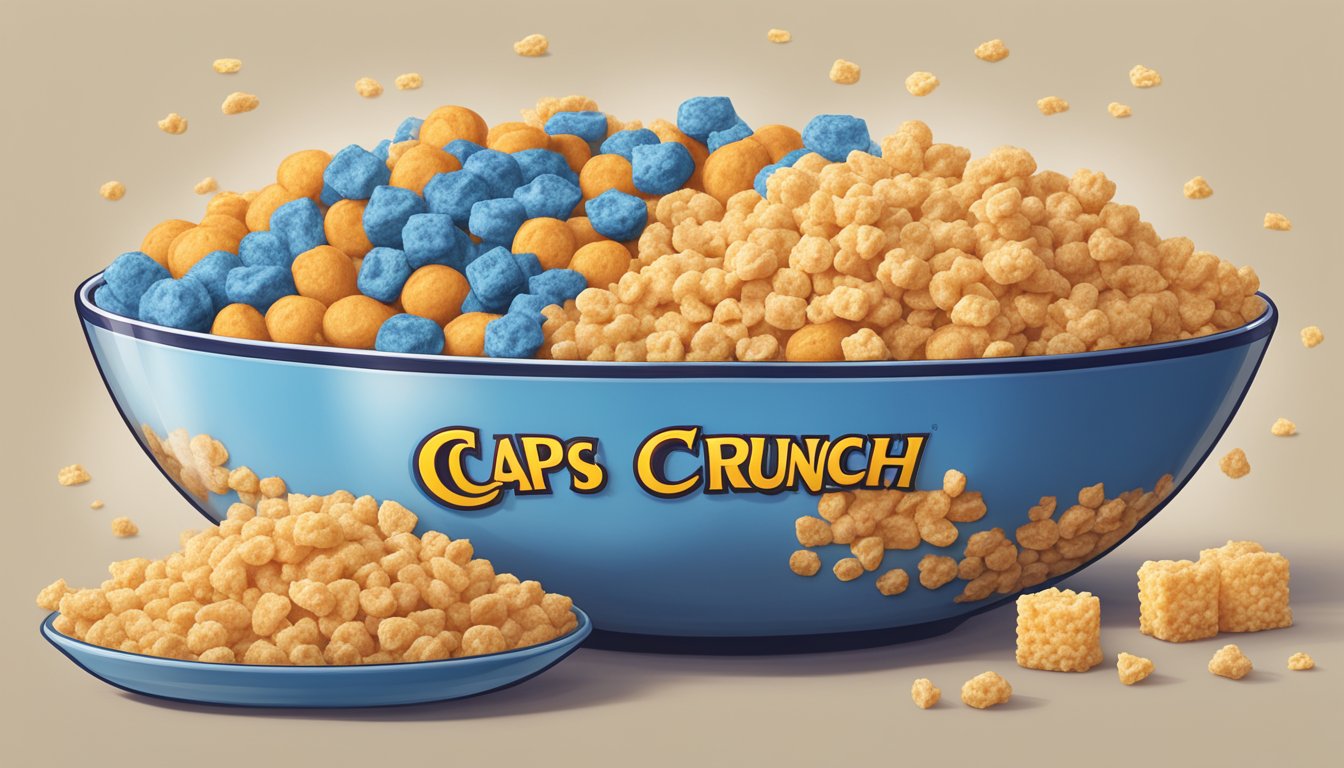 A bowl of Cap'n Crunch and a bowl of Rice Krispies side by side, surrounded by nutritional information labels and a scale