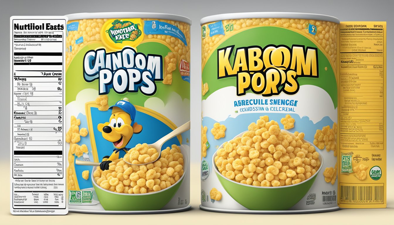 A bowl of Corn Pops and Kaboom cereal side by side with nutritional labels visible