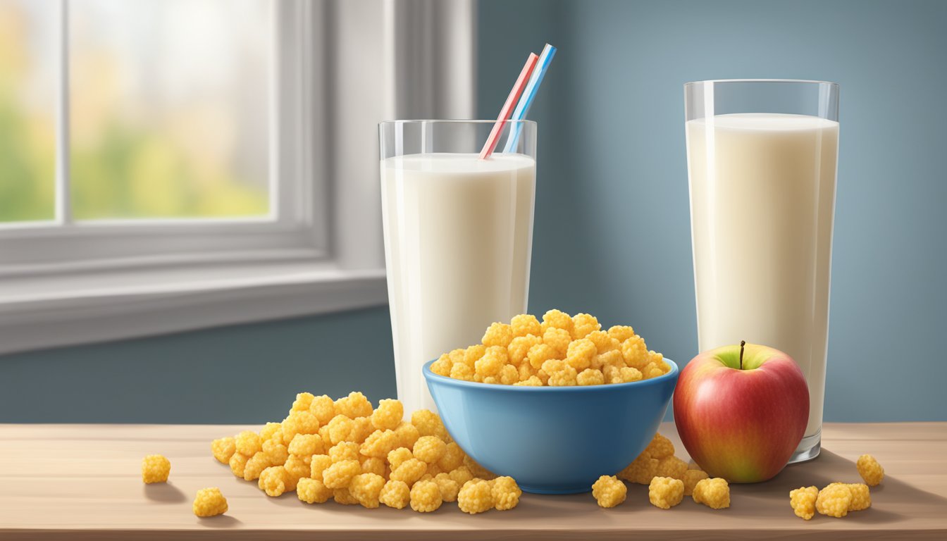 A bowl of corn pops and kaboom cereal next to a glass of milk, with a measuring tape and an apple on the side