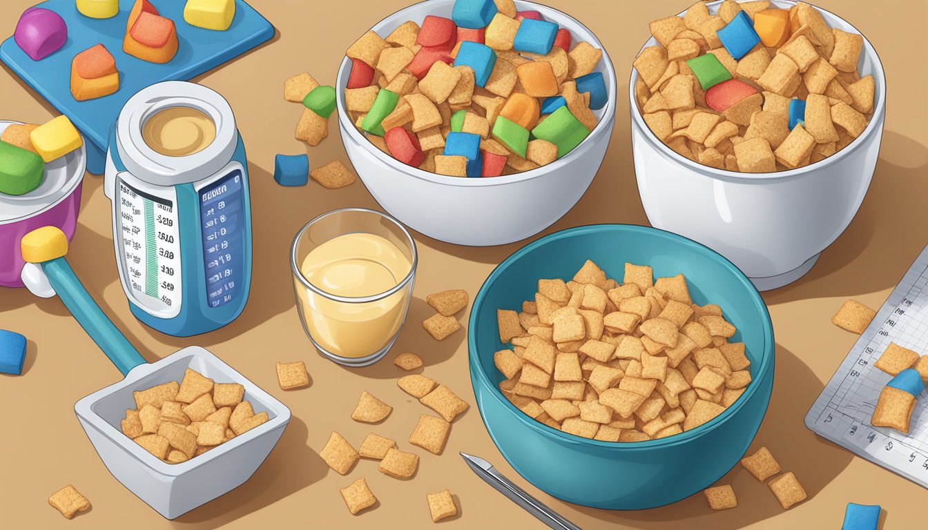 A bowl of French Toast Crunch and Trix surrounded by measuring cups, nutrition labels, and a scale