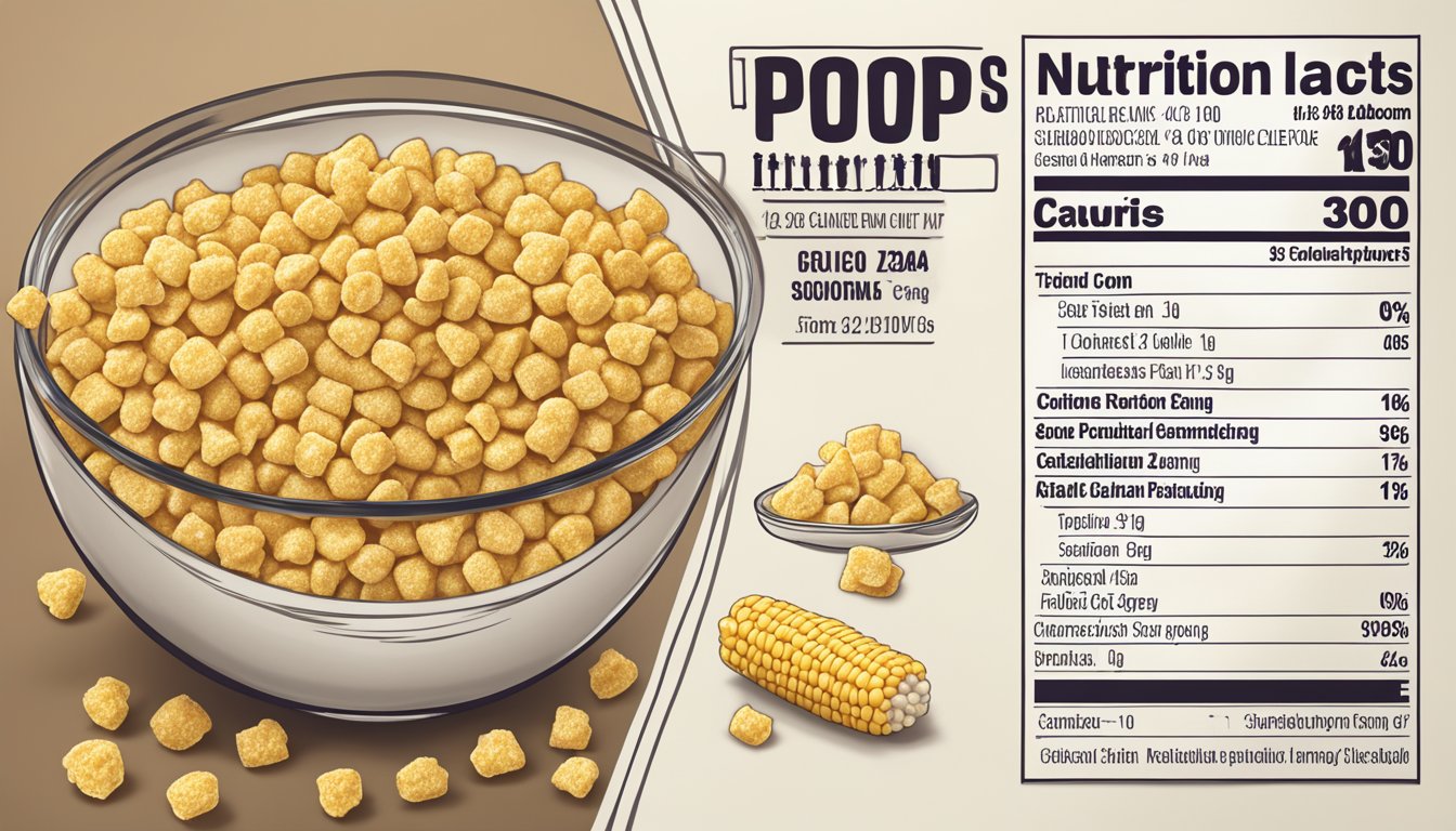 A bowl of corn pops and kaboom cereal with a nutrition label and ingredients list next to them for comparison