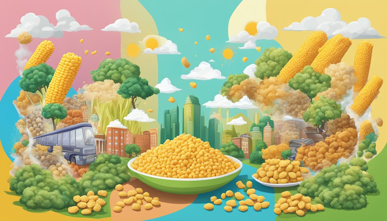 A comparison of corn pops and kaboom cereal surrounded by images of healthy and unhealthy environmental and economic factors