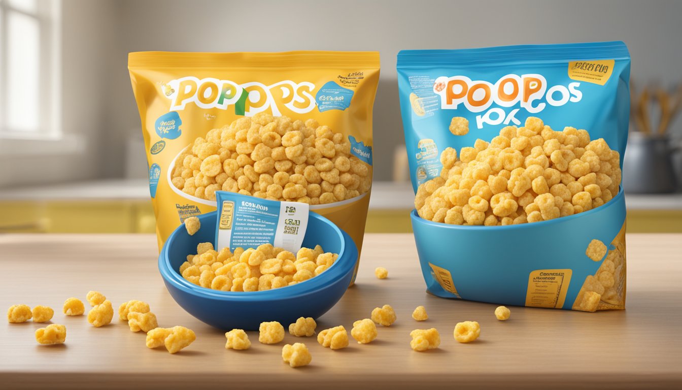 A bowl of Corn Pops and Kaboom cereal next to each other, with a measuring tape and nutritional information displayed in the background