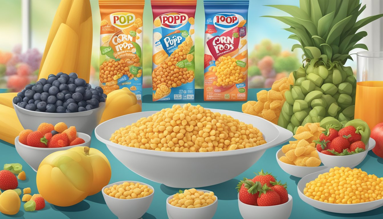 A table with boxes of Corn Pops and Kaboom cereal, surrounded by a variety of fruits and a nutrition label