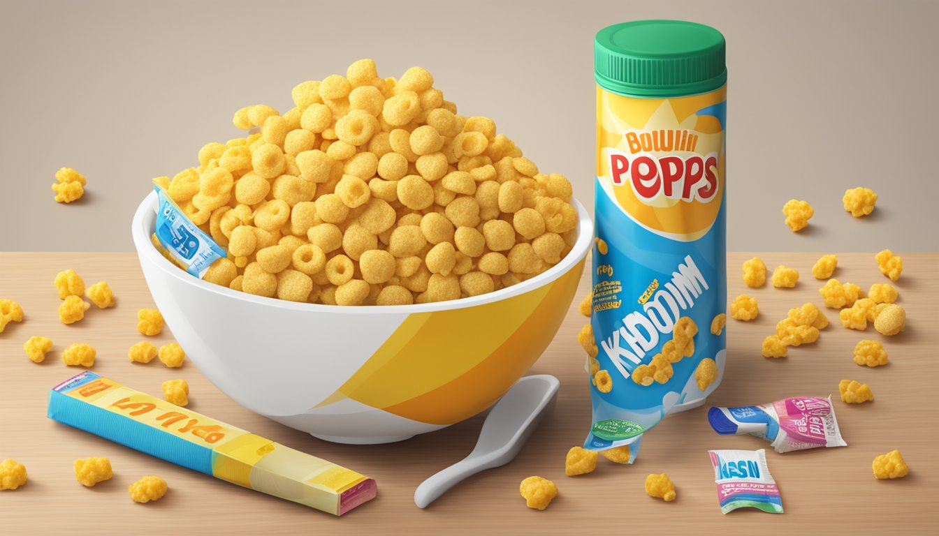 A bowl of corn pops and kaboom cereal next to each other, with a measuring tape and a nutrition label in the background