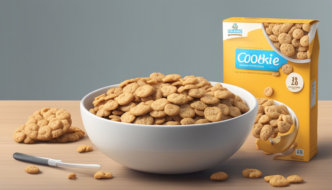 A bowl of Cookie Crisp and Honey Smacks cereal side by side, with a measuring tape and a nutrition label next to them for comparison