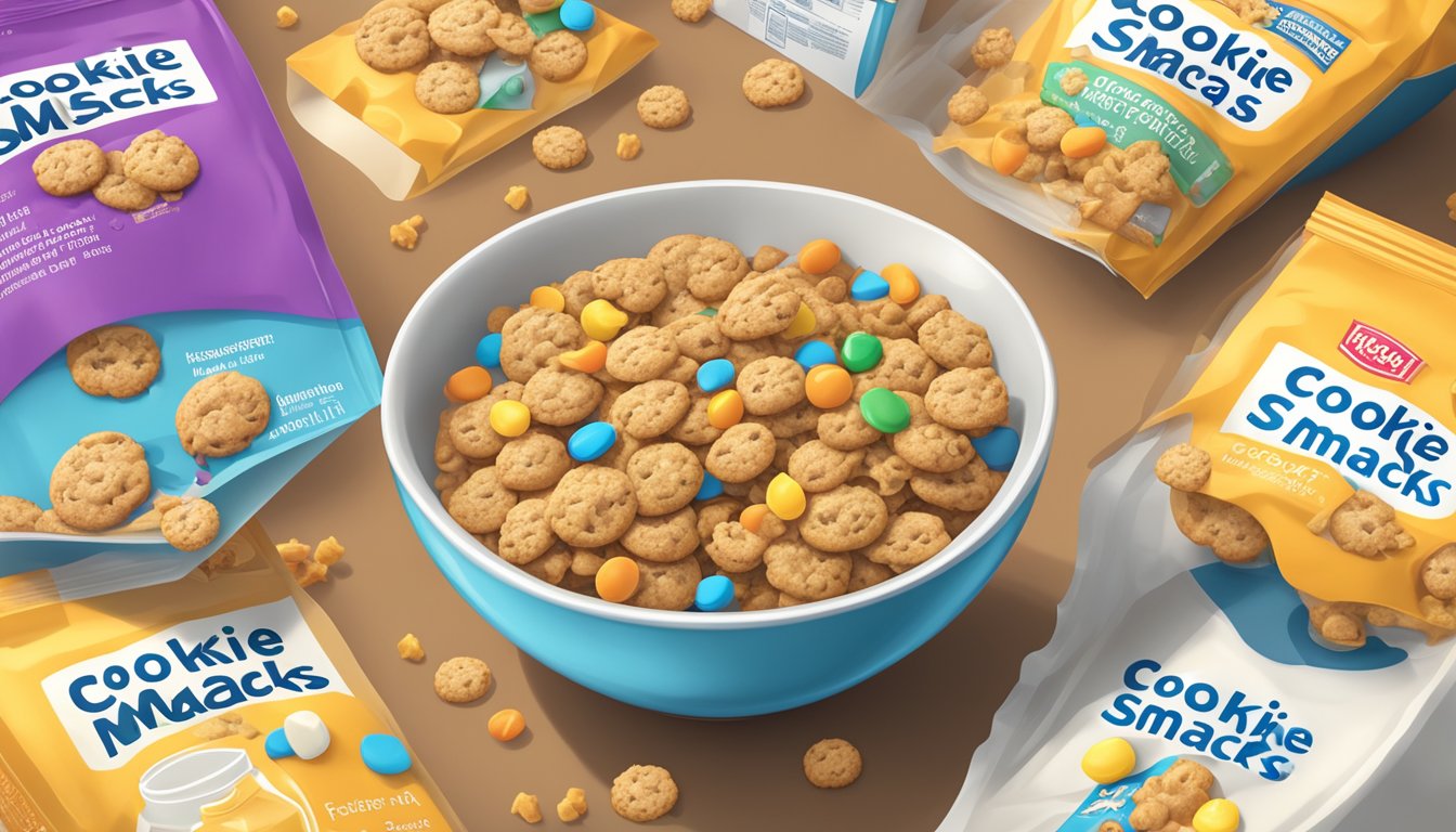 A colorful bowl of Cookie Crisp and Honey Smacks surrounded by milk cartons and a nutrition label